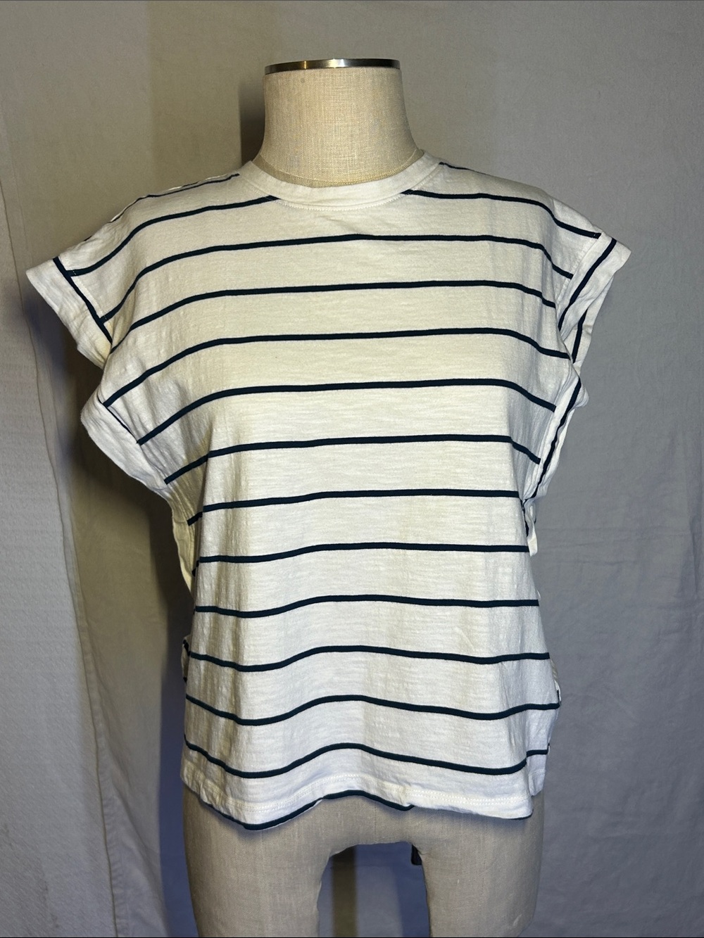 Classic White Short Sleeve Tee with Navy Stripes Size Small